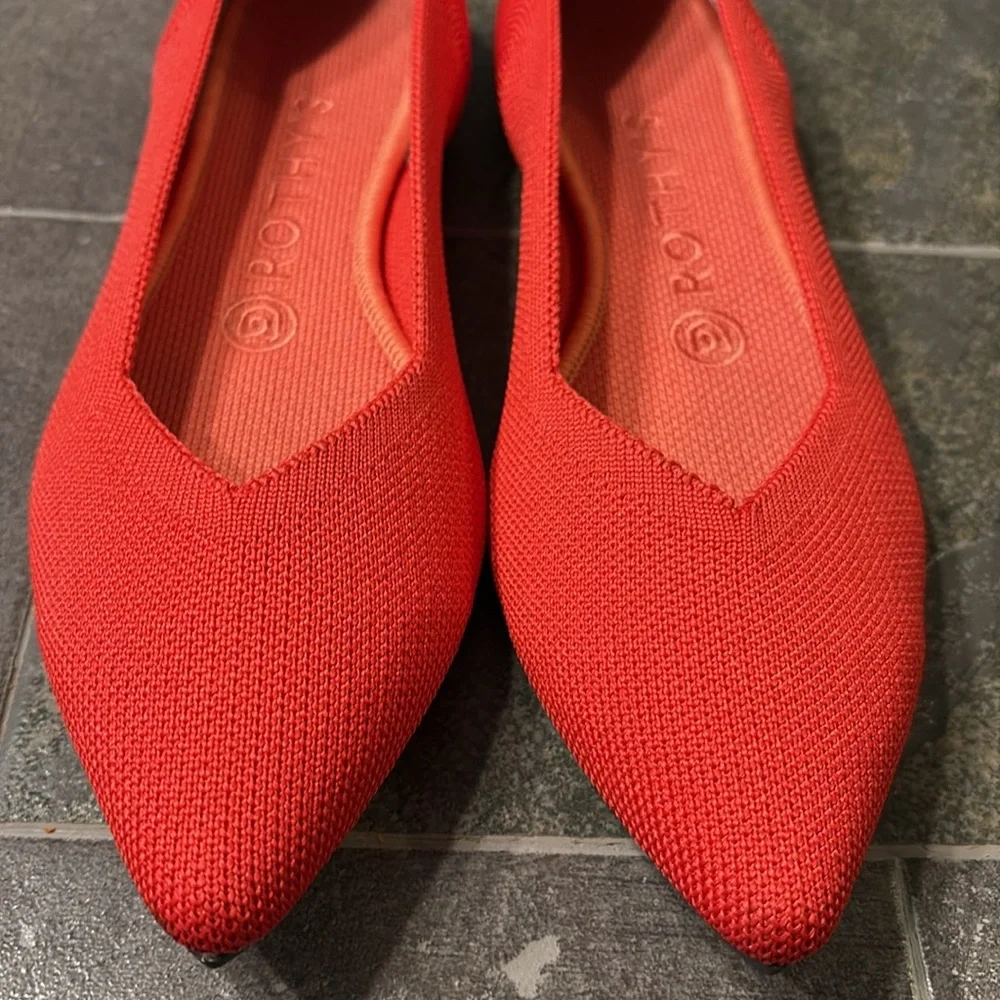 Rothy's Coral-Red Pointed Knit Flats with Blue Trim - Picture 8 of 10